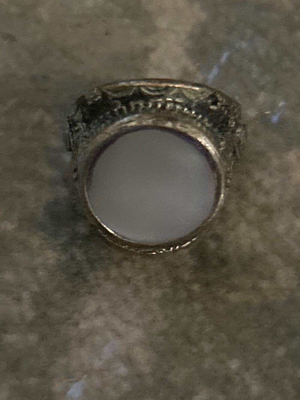 Gothic Steampunk Engraved Metal Ring with White Cabochon